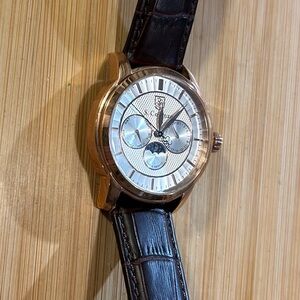 S Coifman Watch With 43mm Silver MoonPhase Chronograph Face & Brown Leather Band